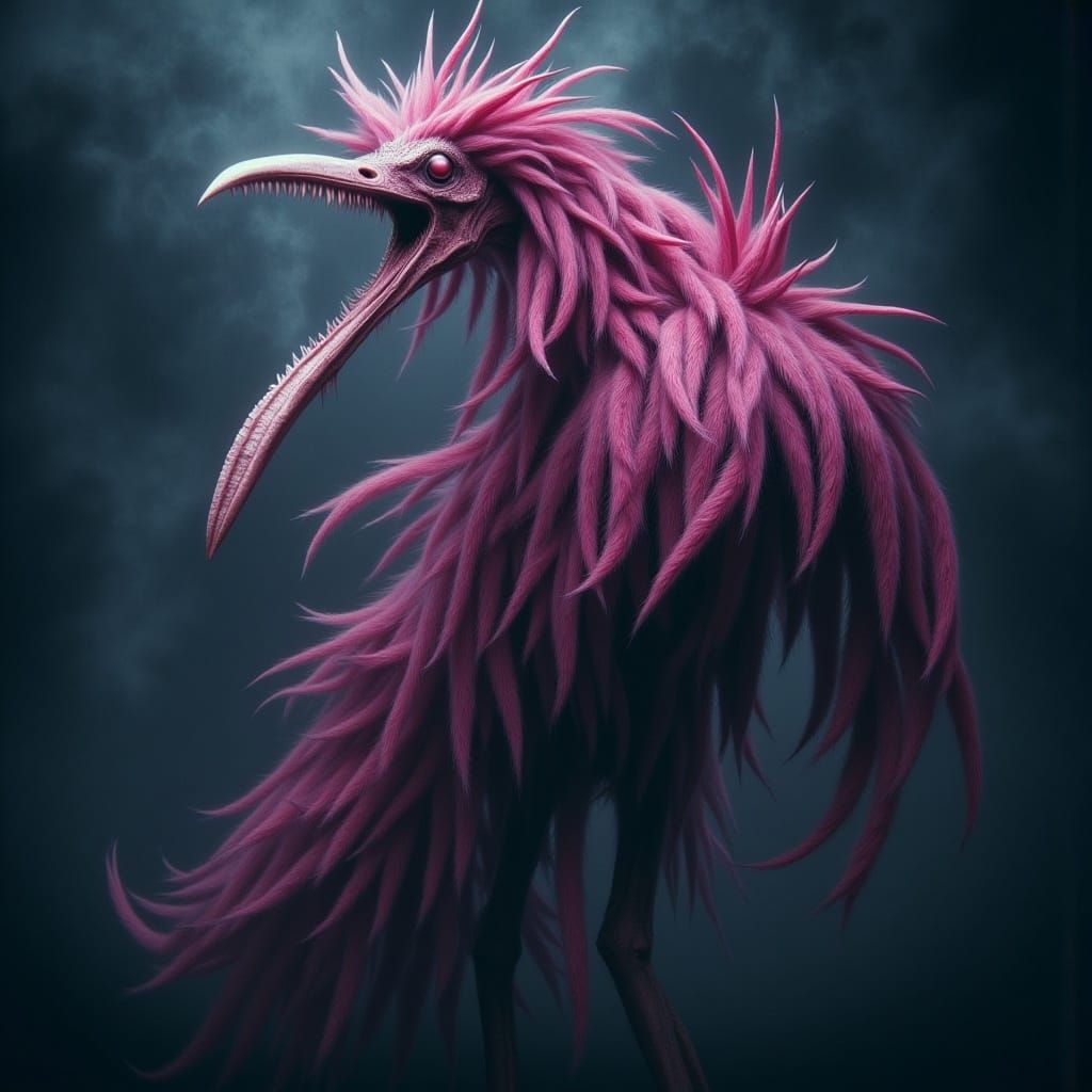 Surreal Magenta Bird Creature in Dark Fantasy Style