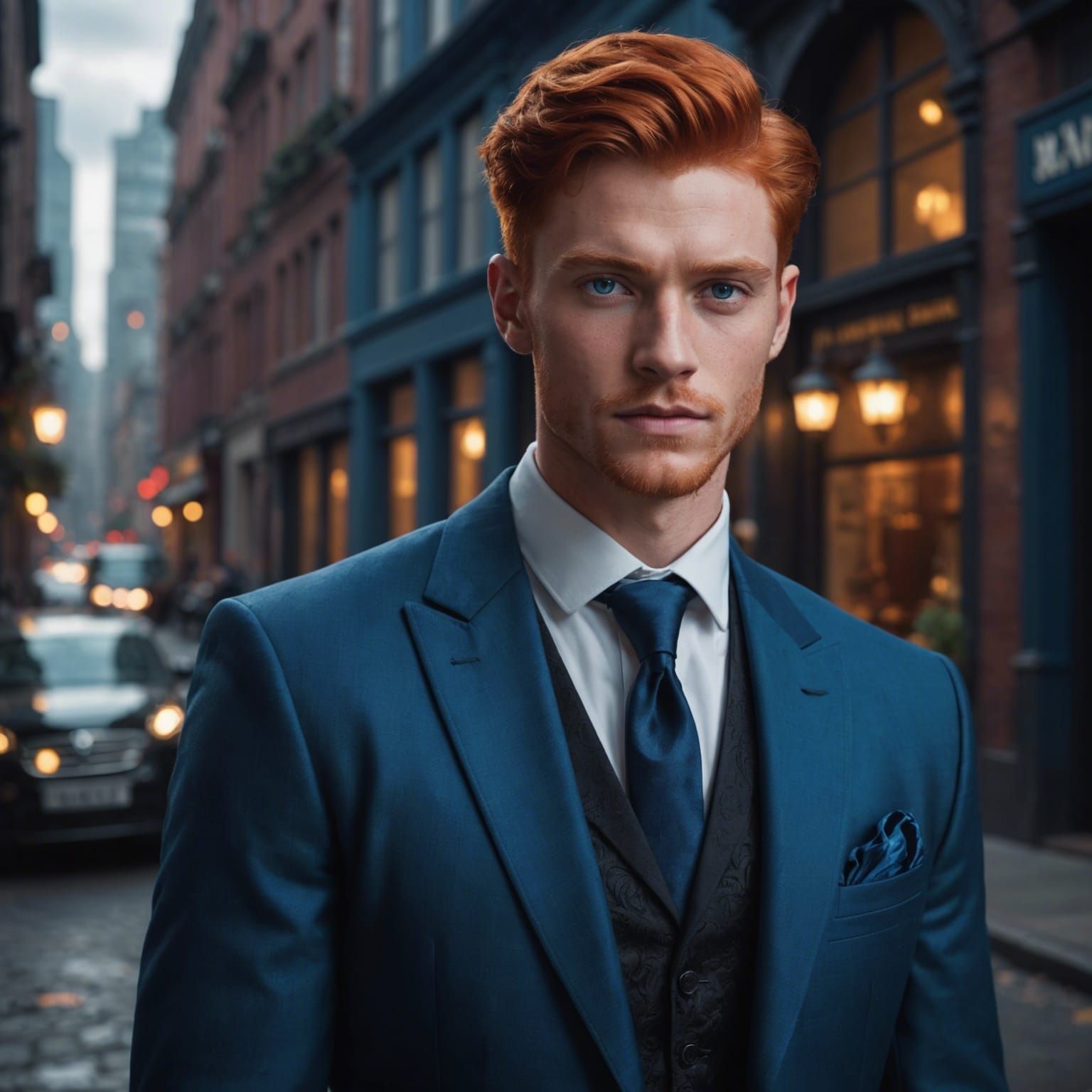 Handsome Man in Blue Tuxedo: Detailed Matte Painting