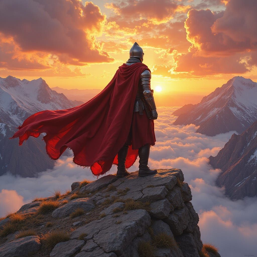 Victorious Knight in Red Cloak at Sunrise
