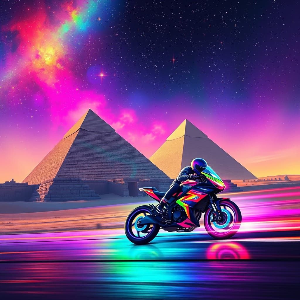 Egyptian Pyramids Under Cosmic Sky with Neon Motorbike