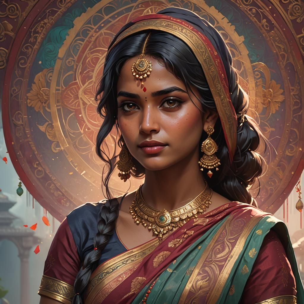 Detailed Portrait of Woman in Saree, Digital Art