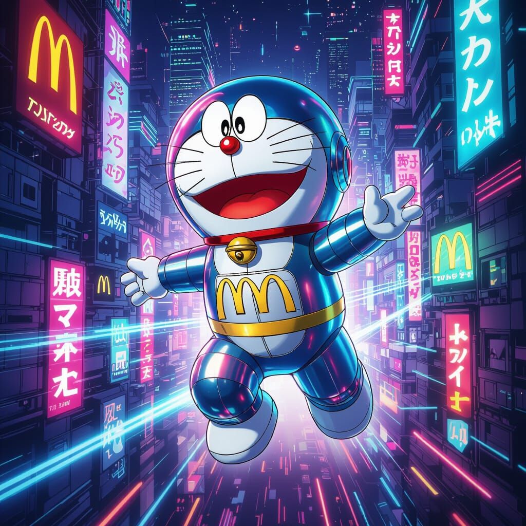 Doraemon as McDonald's Mascot in Cyberpunk Anime Style