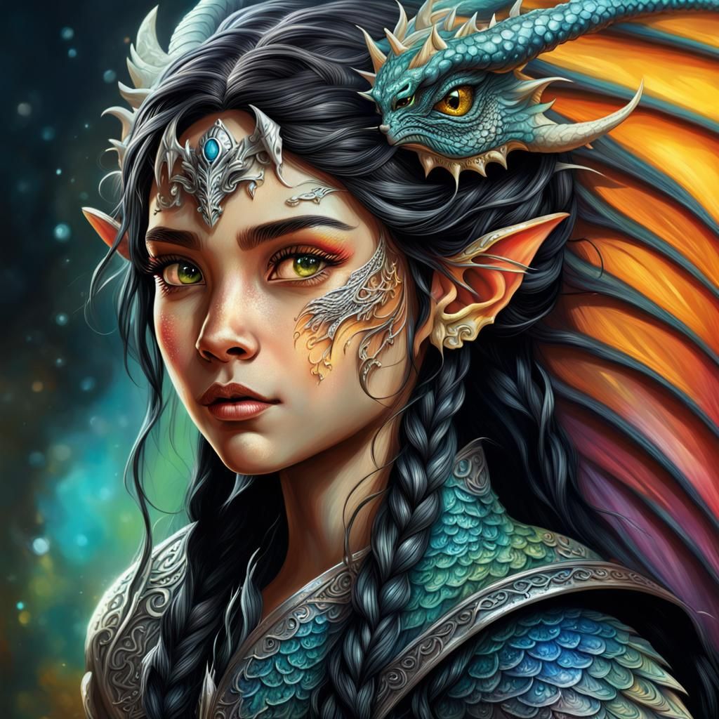 Elven Princess with Dragon: Hyperrealistic Splash Art