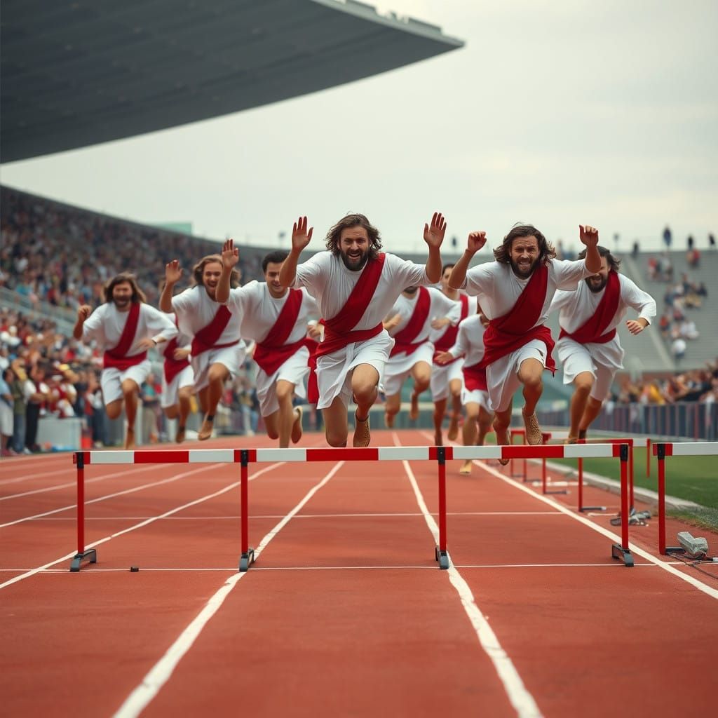 Ten Jesus Runners Leap Over Hurdle in Vibrant Stadium Scene