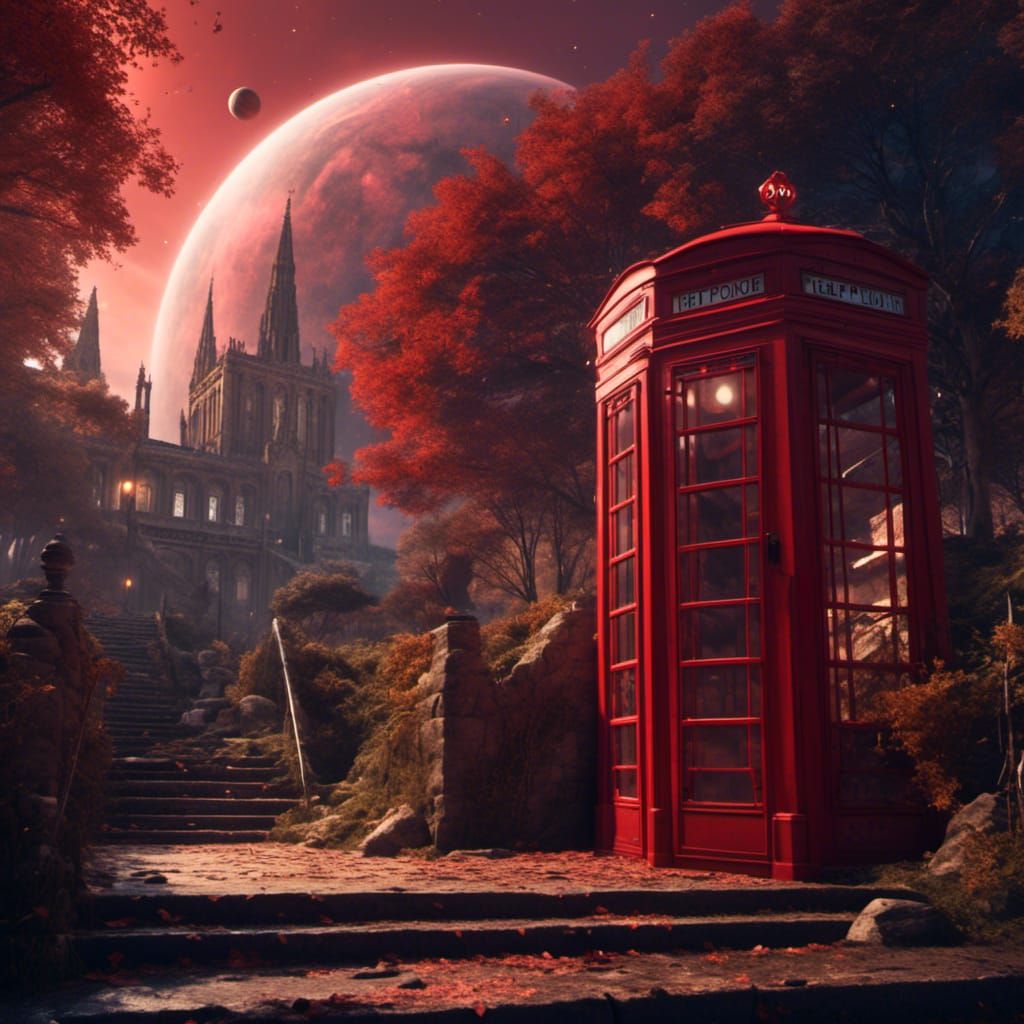 Red Telephone Box in Space, Detailed Matte Painting