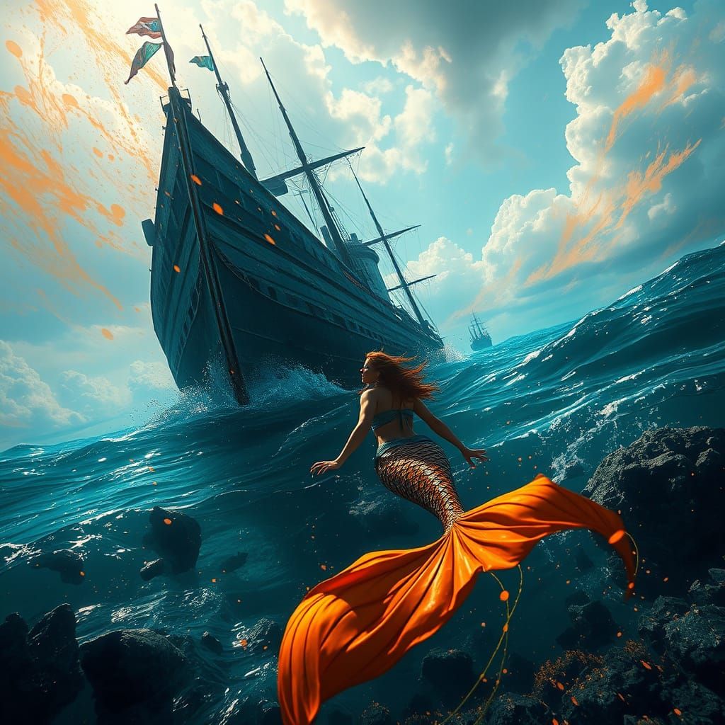 Mermaid Dives into a Shipwreck in a Vibrant, Detailed Scene