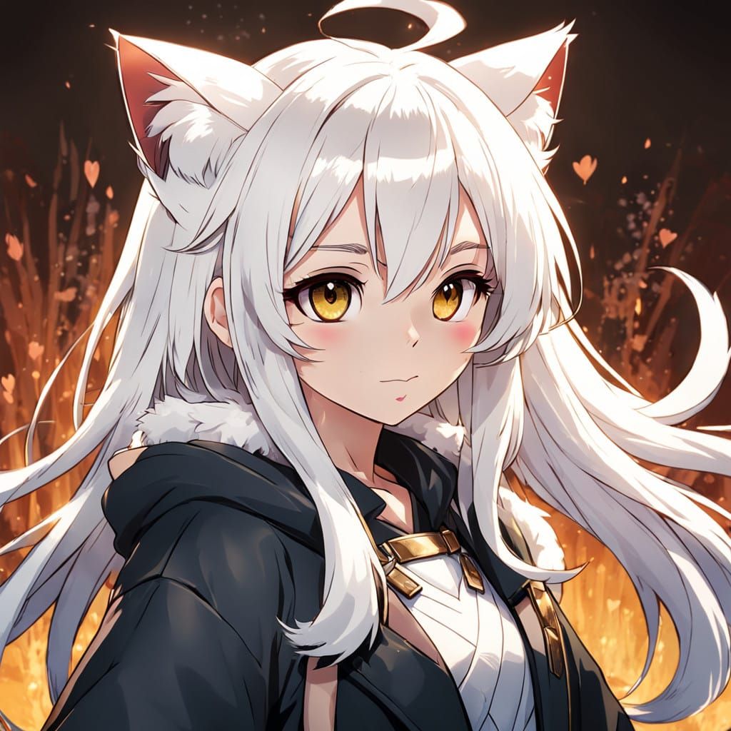 Ethereal Anime Catgirl with Elegant White Hair and Earth-Ton...