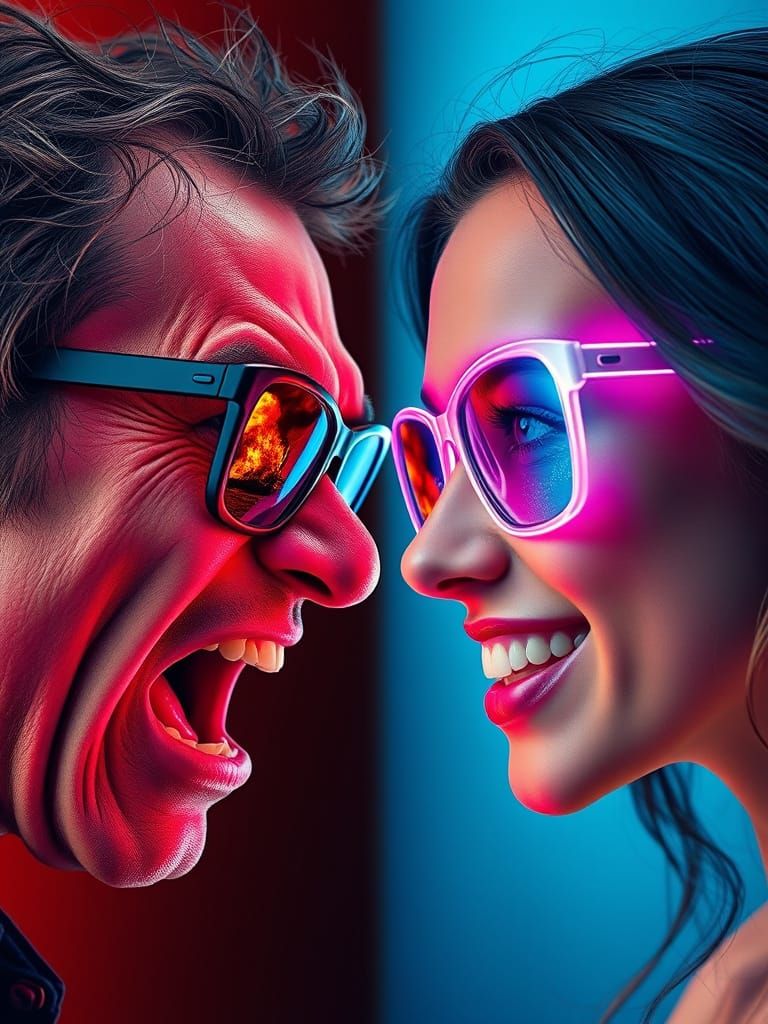 Contrasting Perspectives in Neon-Lit Hyperrealism