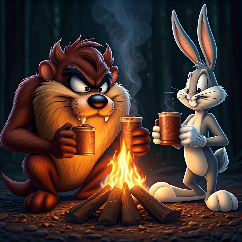 Tasmanian Devil and Bugs Bunny Share a Cozy Campfire Moment
