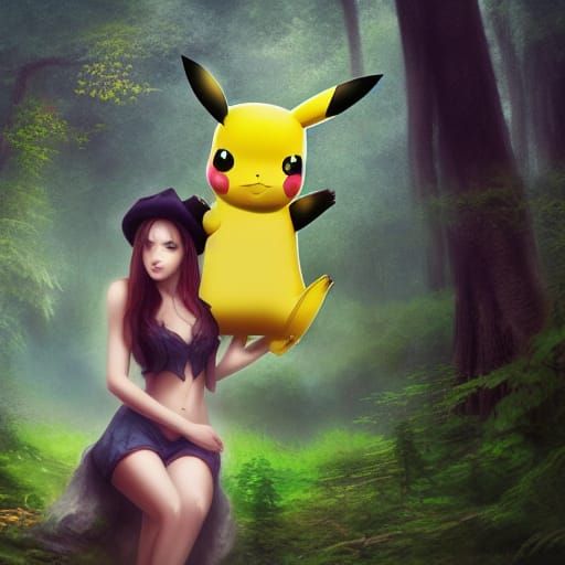 Woman and Pikachu in Forest: Fantasy Concept Art