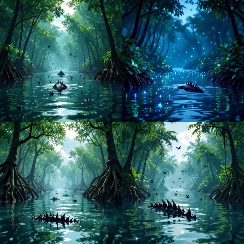 Swampy Mangrove Landscape with Hidden Aquatic Creature