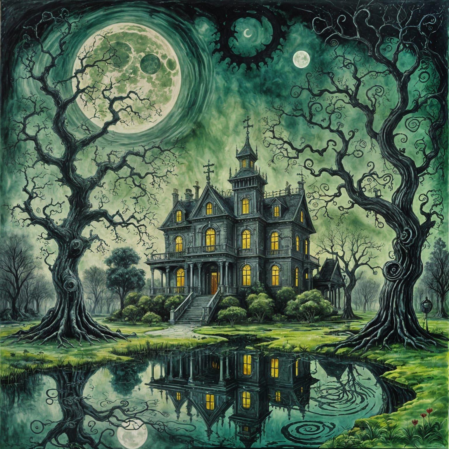 Haunted Mansion in Spooky Impasto Watercolor