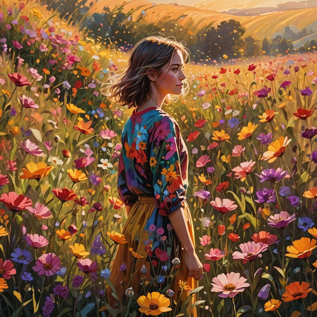 Person in Vibrant Flower Field Concept Art