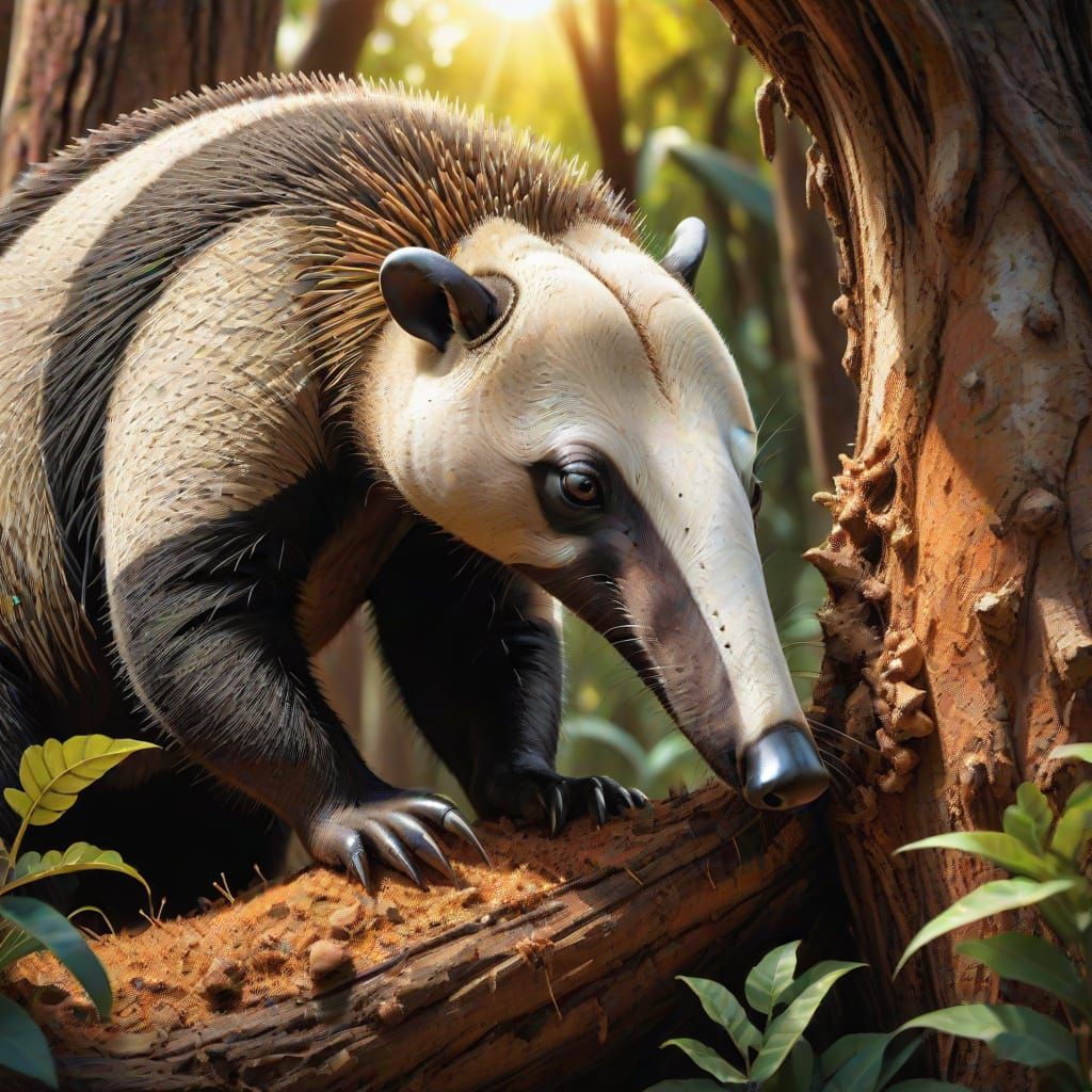 Realistic Anteater at Termite Nest in Warm Sunlight