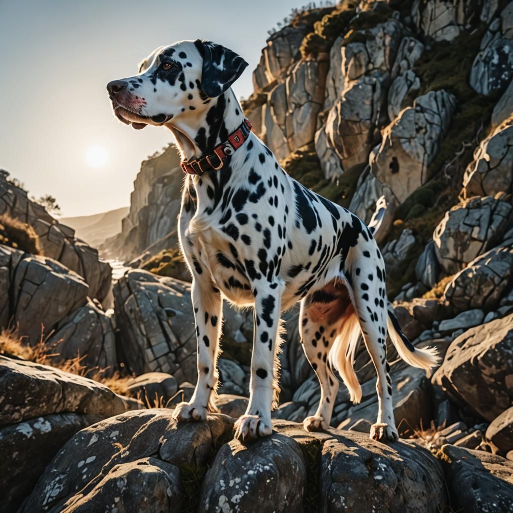 Dalmatian Dog on Rocky Cliff in Golden Light