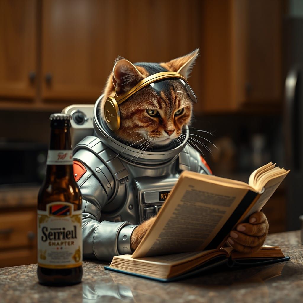 Surreal Space Cat Reads Beer and Book in Kitchen