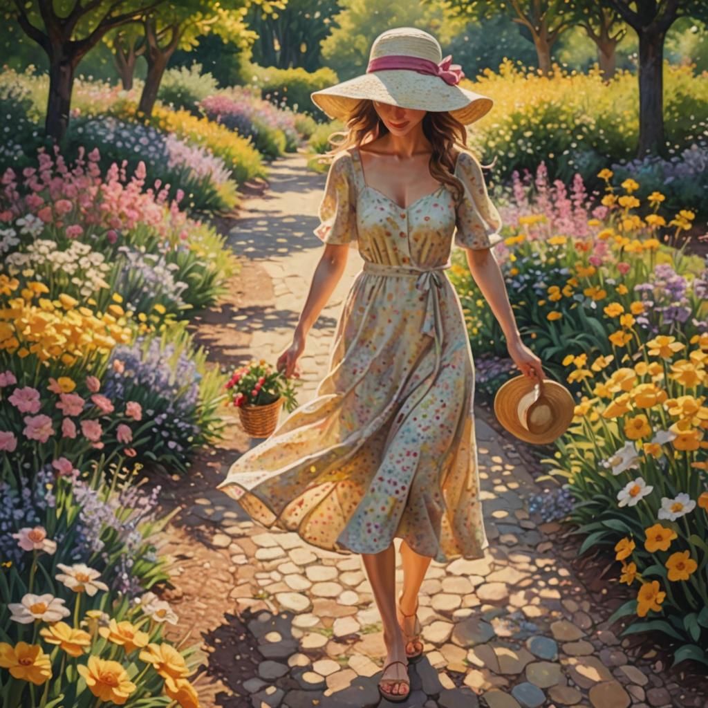 Woman in Garden: Impressionist Pointillism in Pastel Colors