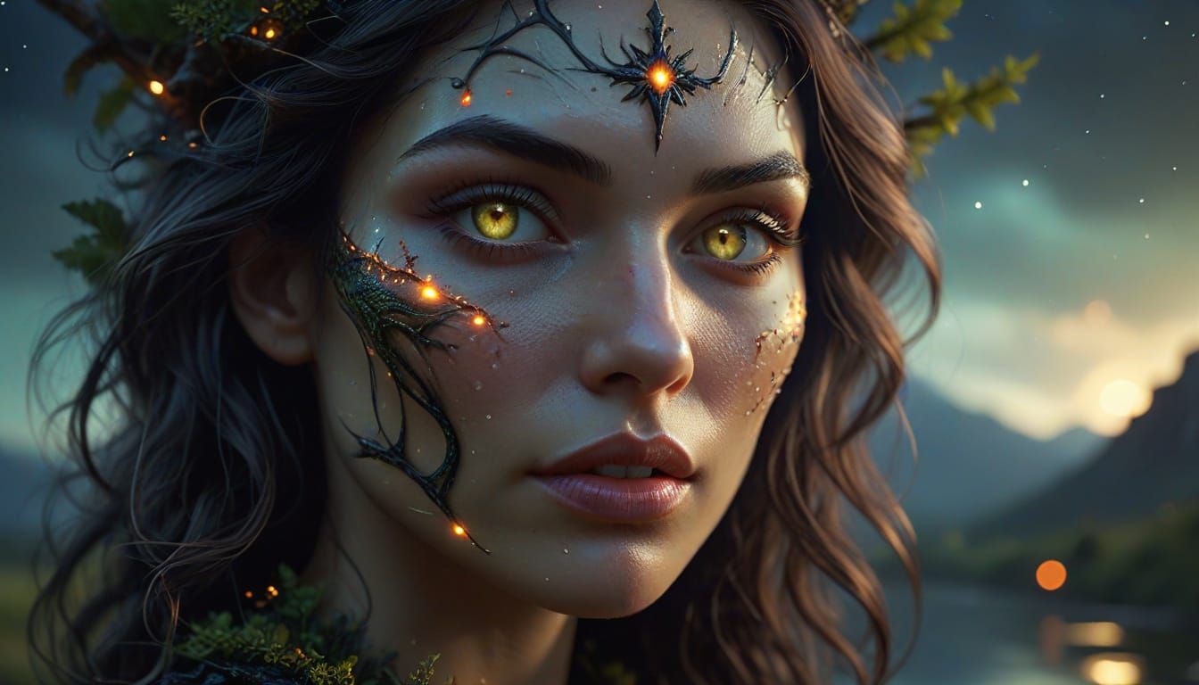 Ethereal Vampiress Witch Android in Dreamy Mountain Landscap...