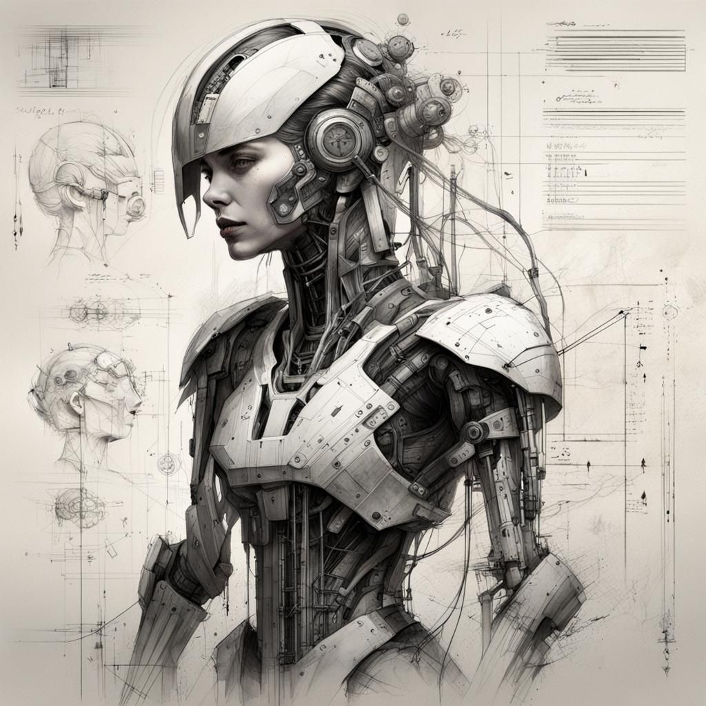 Medieval Cyborg Woman in Technical Concept Art