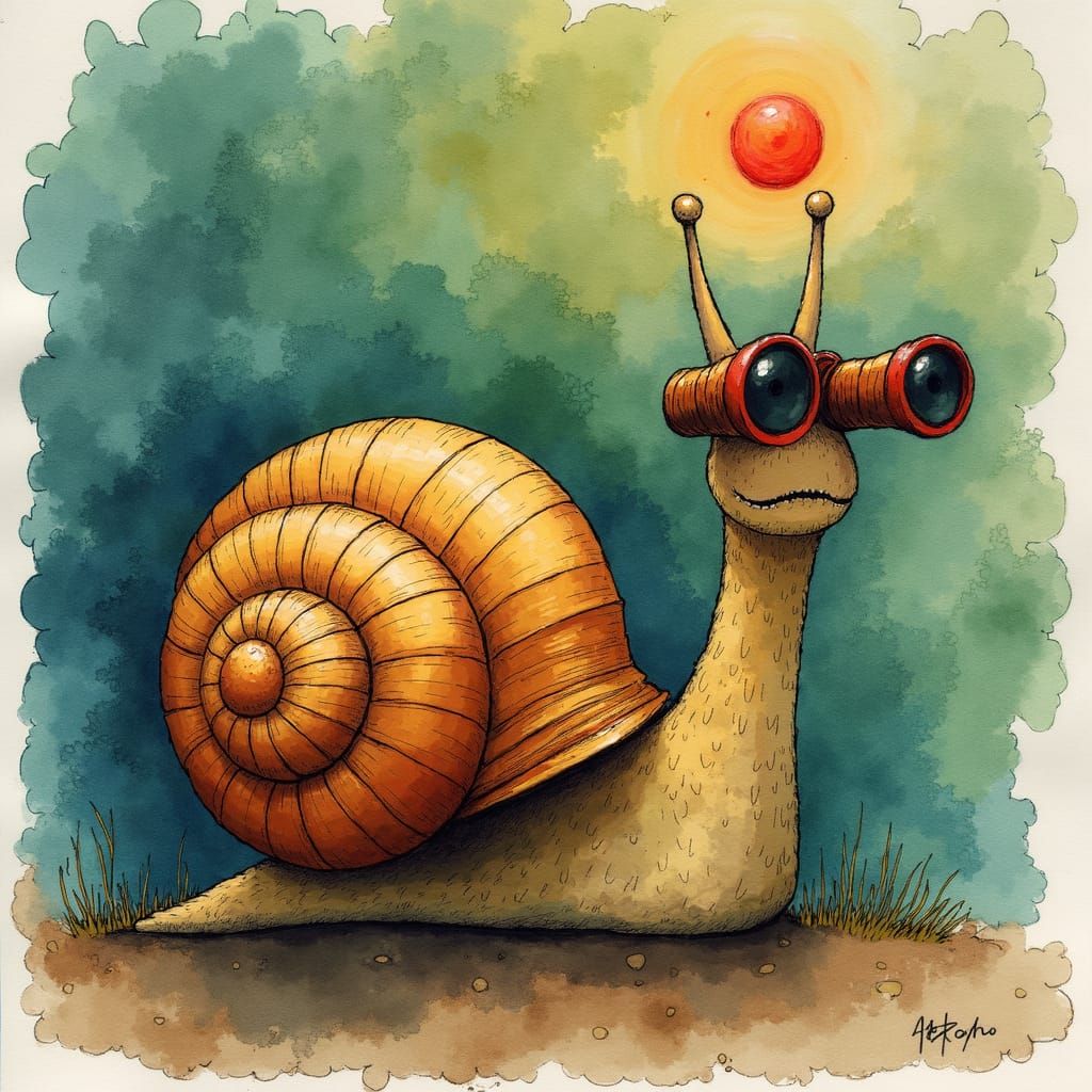 Curious snail with binoculars
