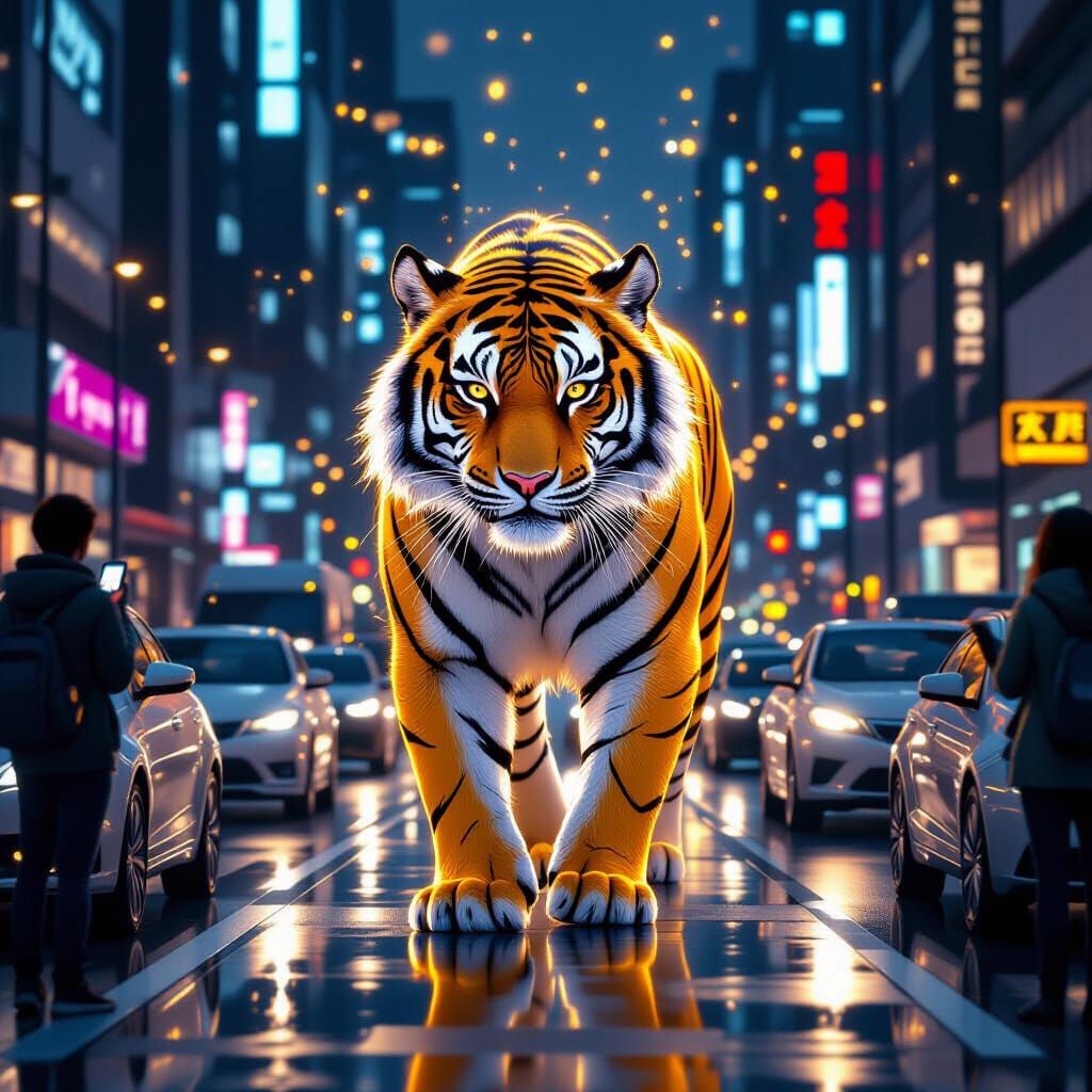Bioluminescent Armored Tiger in Anime Cityscape