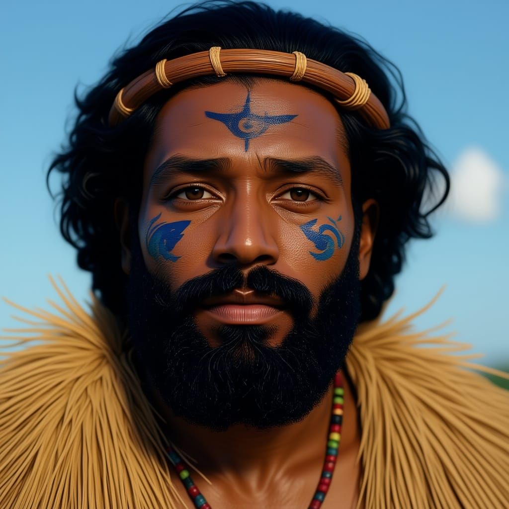 Photograph of Man with Curly Hair and Grass Cape