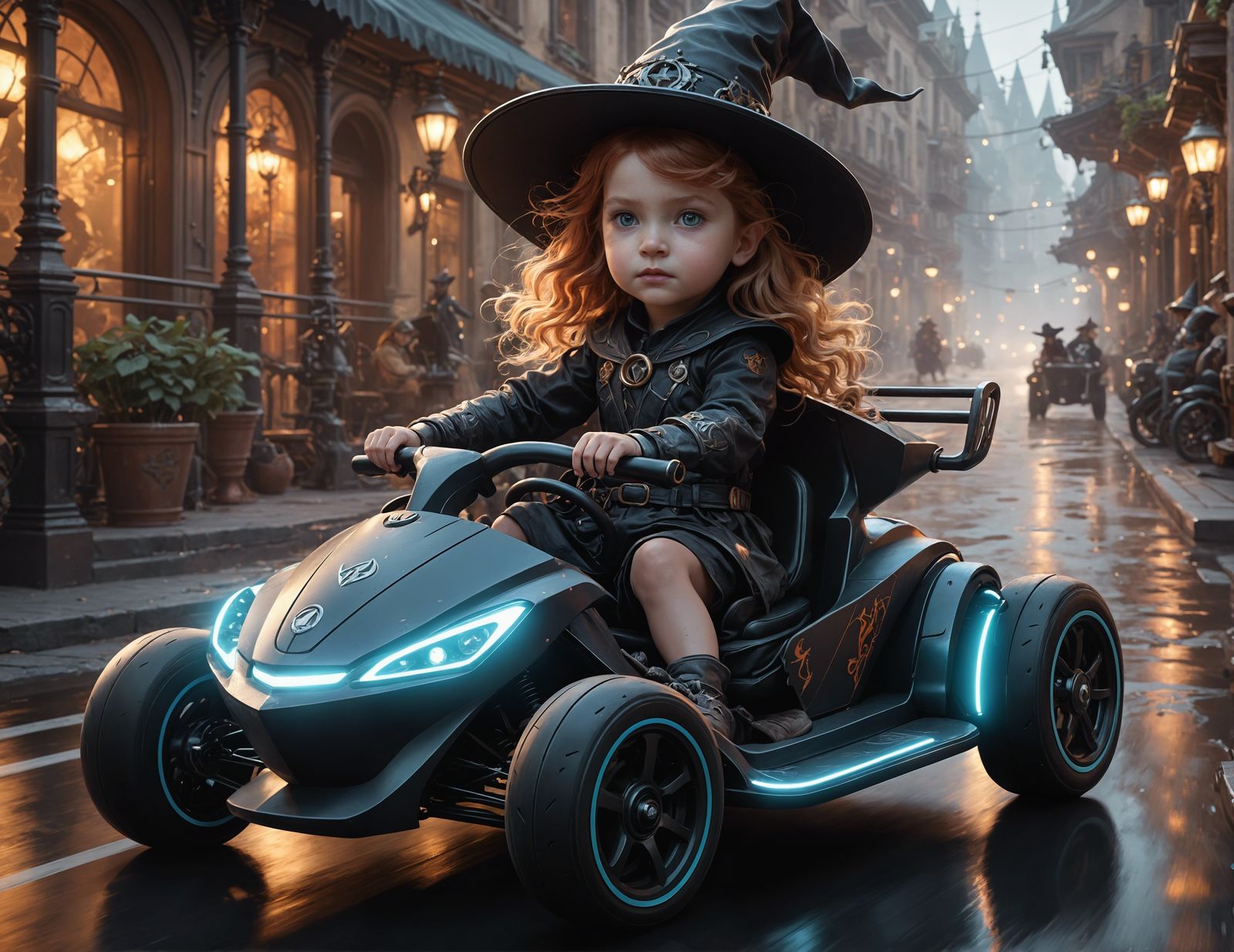 Baby Witch Go-Kart Adventure in Hyperrealistic Style