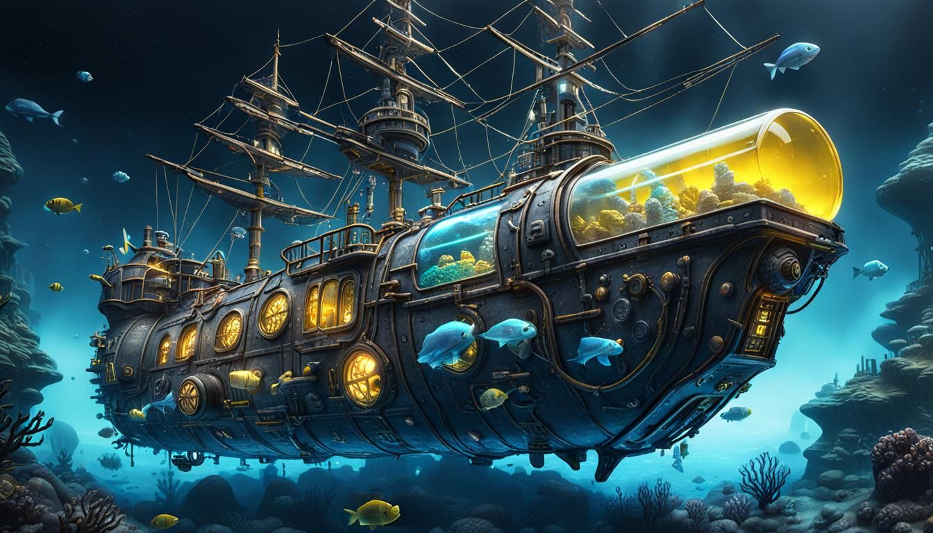 Underwater Pirate Ship in Glass Bottles: Fantasy Concept Art