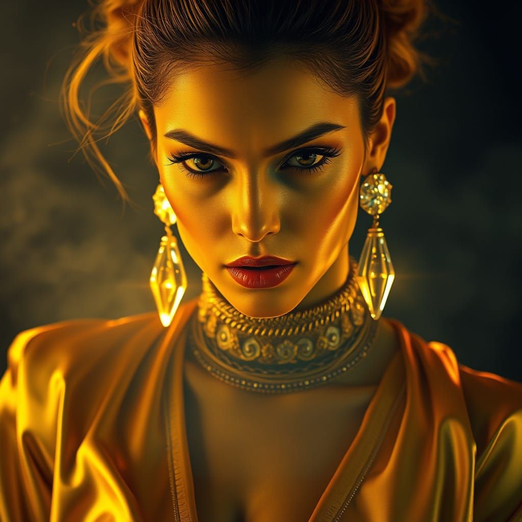 Radiant Woman with Golden Silk, Cinematic Realism