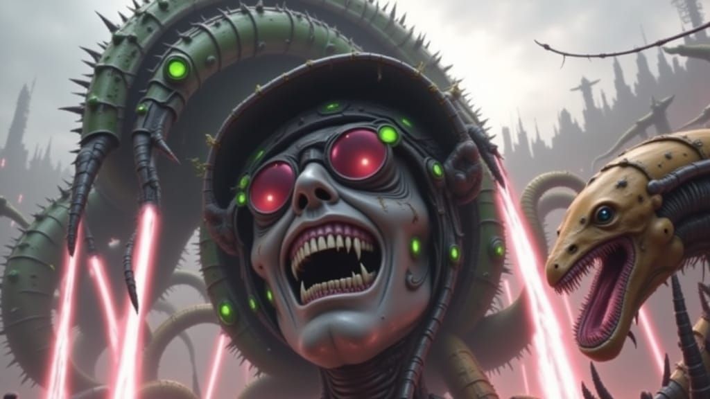 Cyberpunk Cyborg God Beast in Neon-Lit Metropolis