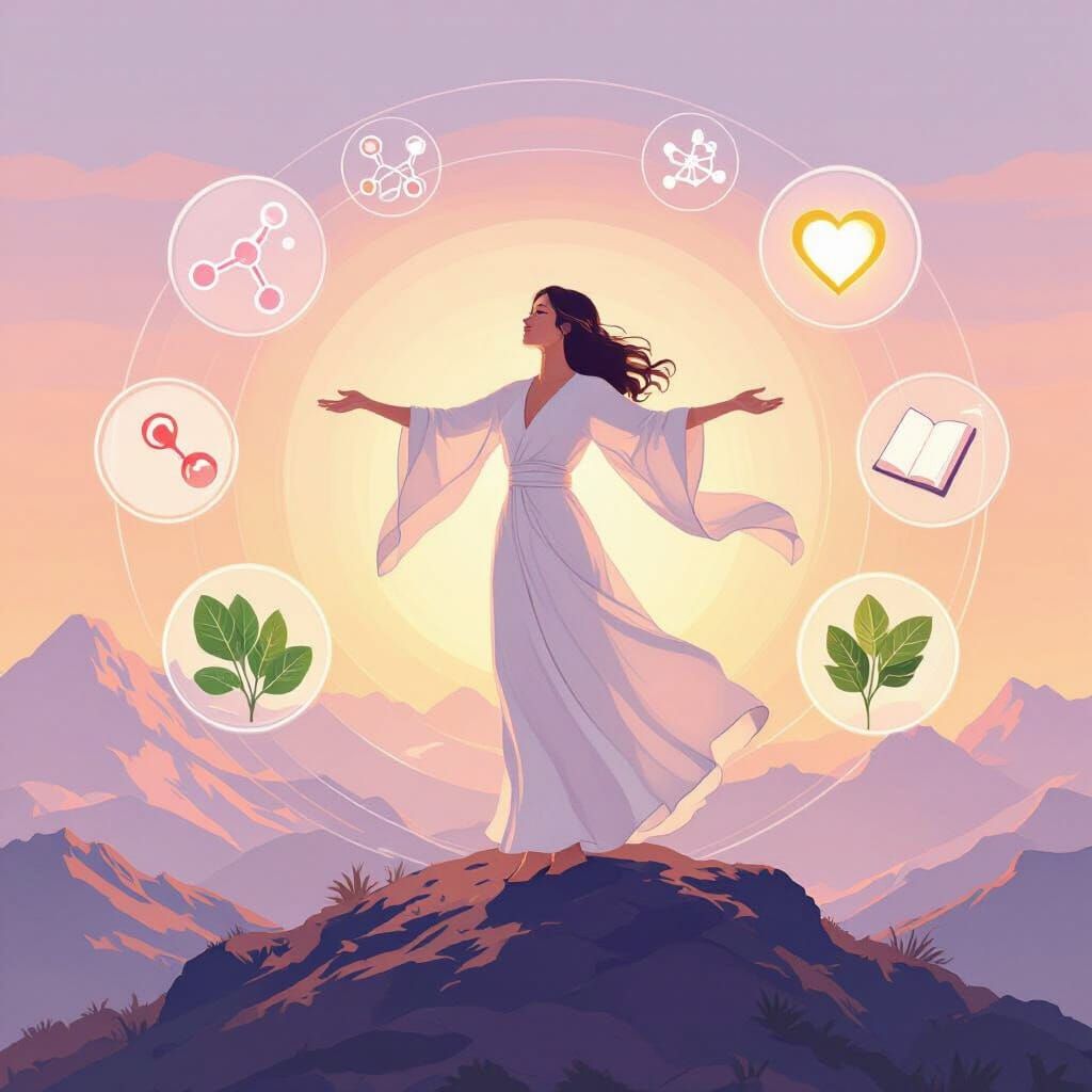 Empowered Woman Embraces Health on Mountaintop in Digital Ar...