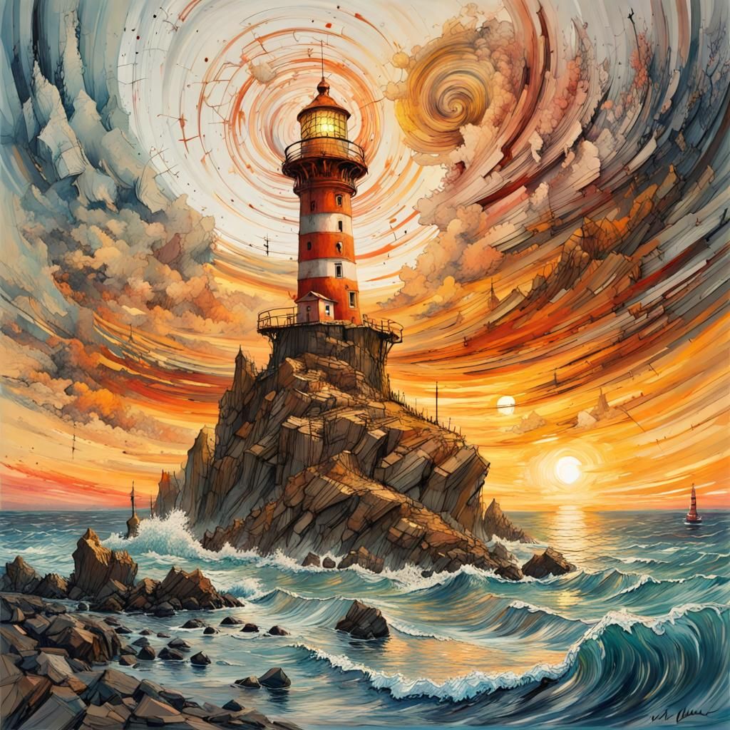 Fantasy Lighthouse Sunset in Suminagashi Style