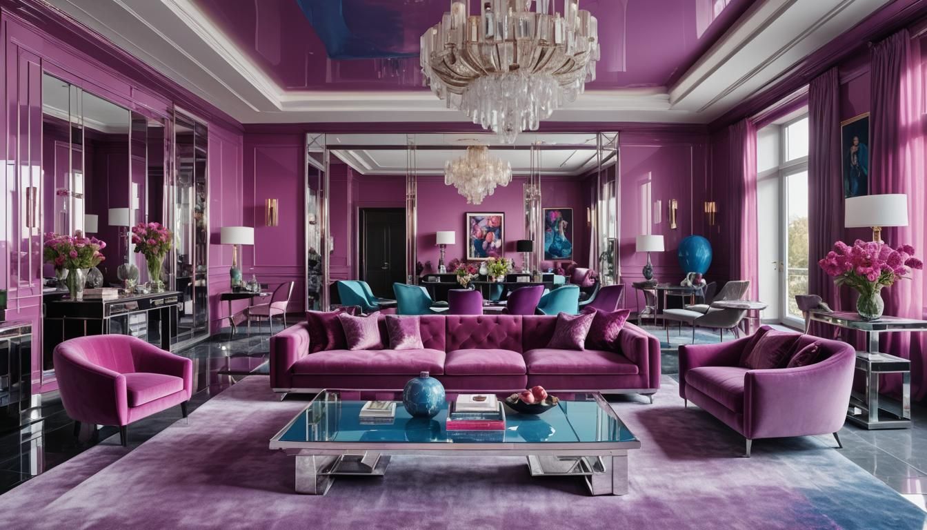 Art Deco Living Space in Pink, Purple, and Blue