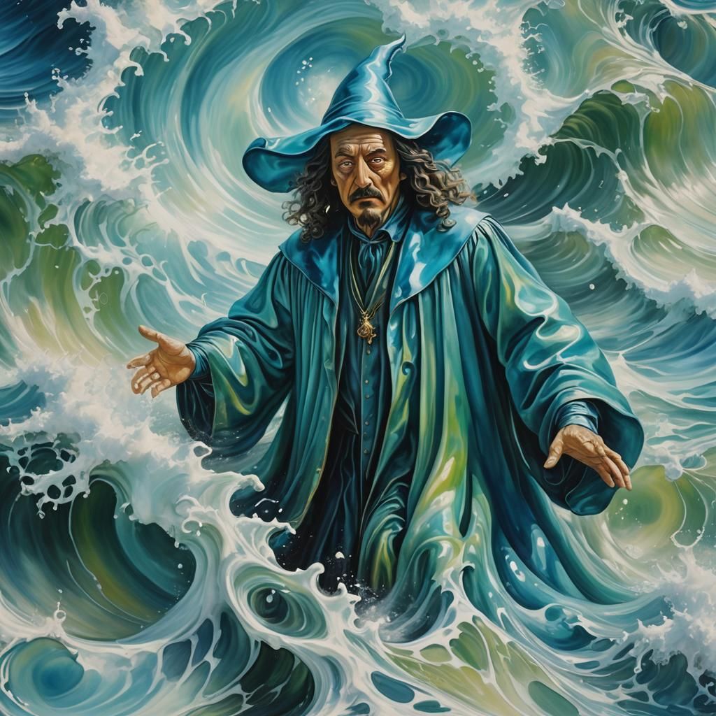 Blue Wizard Emerges from Melting Waves: Surreal Oil Painting