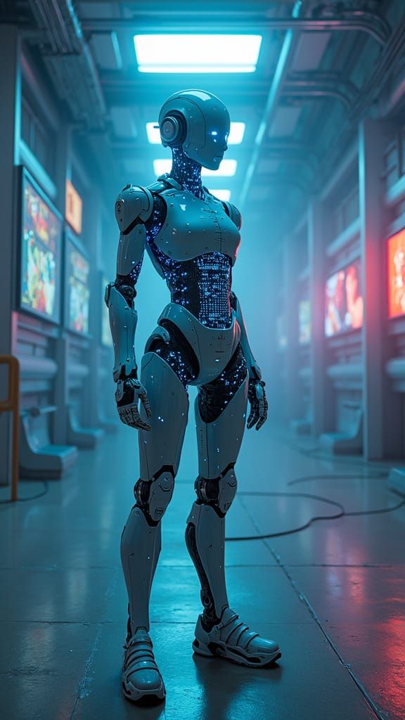 Futuristic Robot in Neon-Lit Room: Digital Art