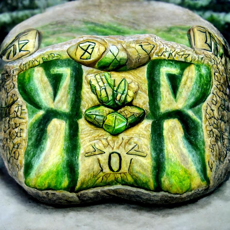 Green Runestones with Golden Markings in Watercolor Style