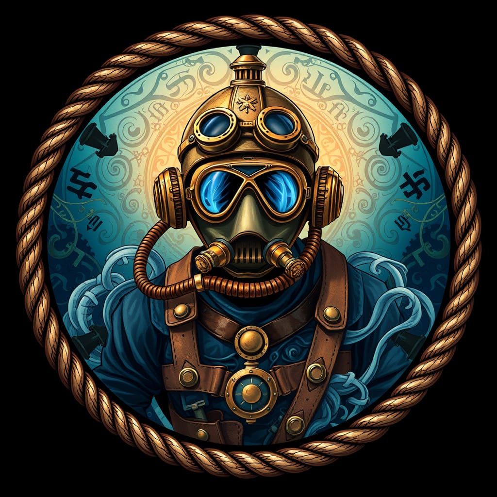 Steampunk Scuba Diver in Epic Fantasy Underwater Scene