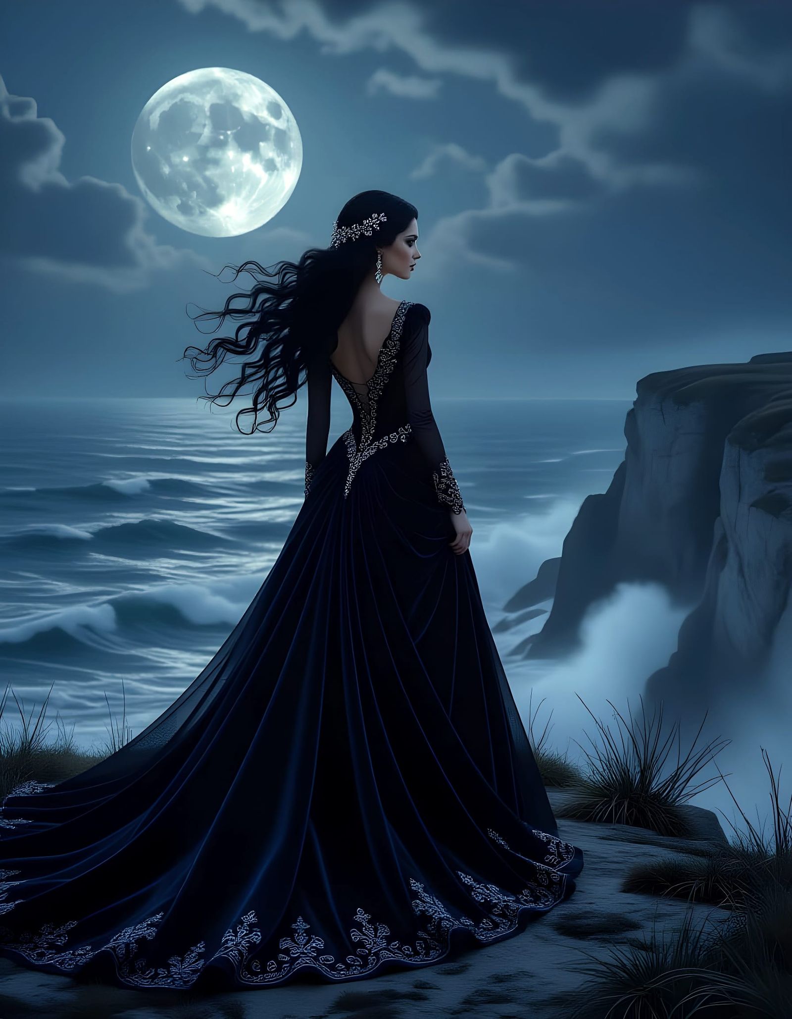 Portuguese Woman on Cliff Overlooking Moonlit Sea