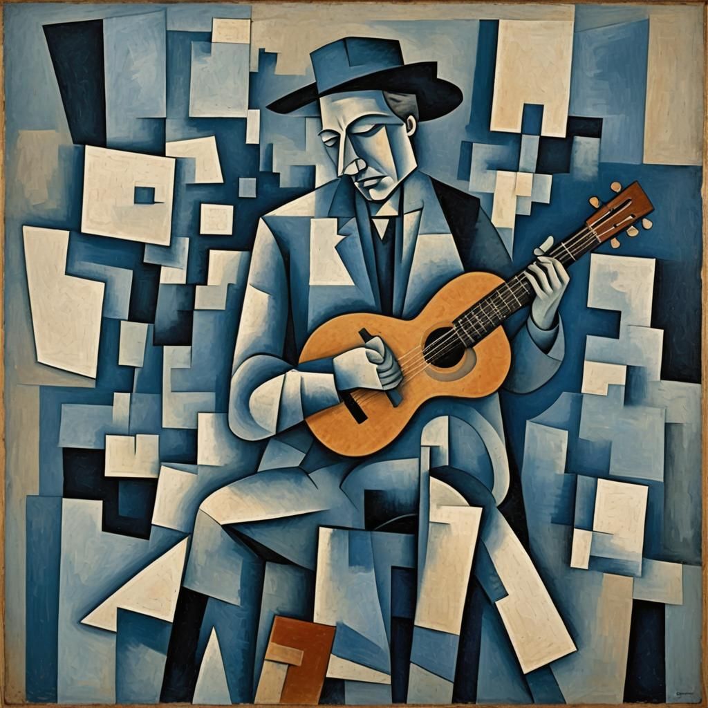 Cubist Guitarist in Fragmented Blue Forms
