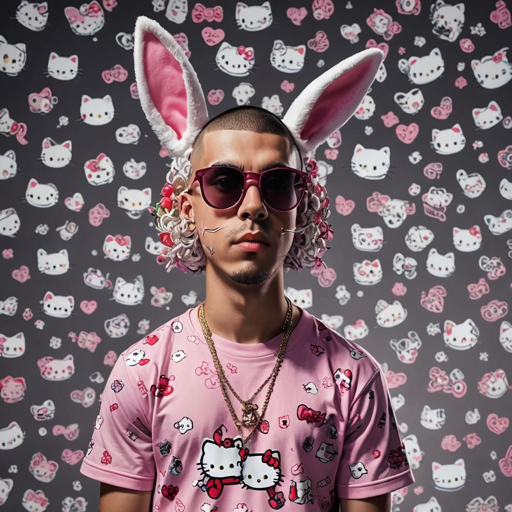 Bad Bunny in Hello Kitty Shirt, Hyperrealistic