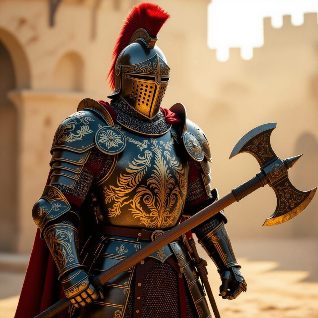 Heroic Knight in Golden Etched Plate Armor