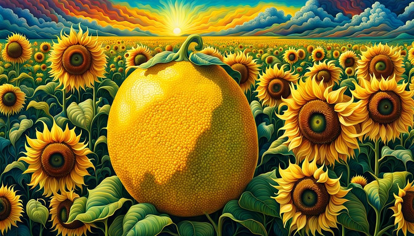 Surreal Anthropomorphic Sunflowers with Lemon Sun