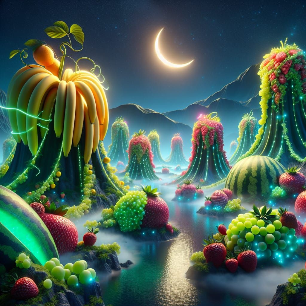 Surreal Bioluminescent Fruit World Landscape