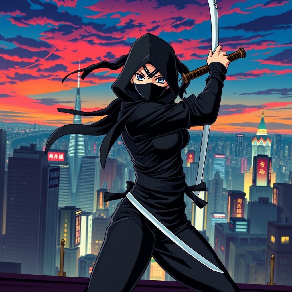 Anime Ninja Girl in Tokyo Cityscape