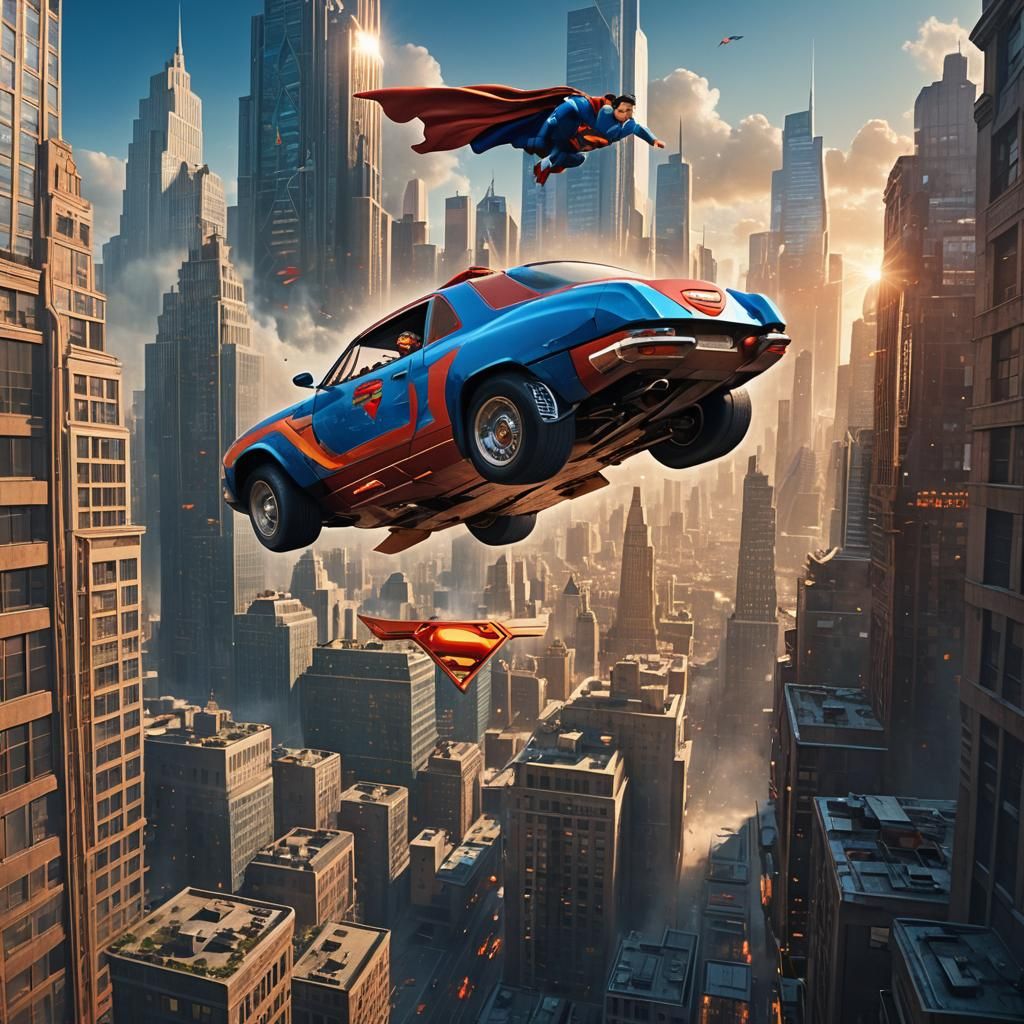 Flying Superman Car Soaring Through Cityscape