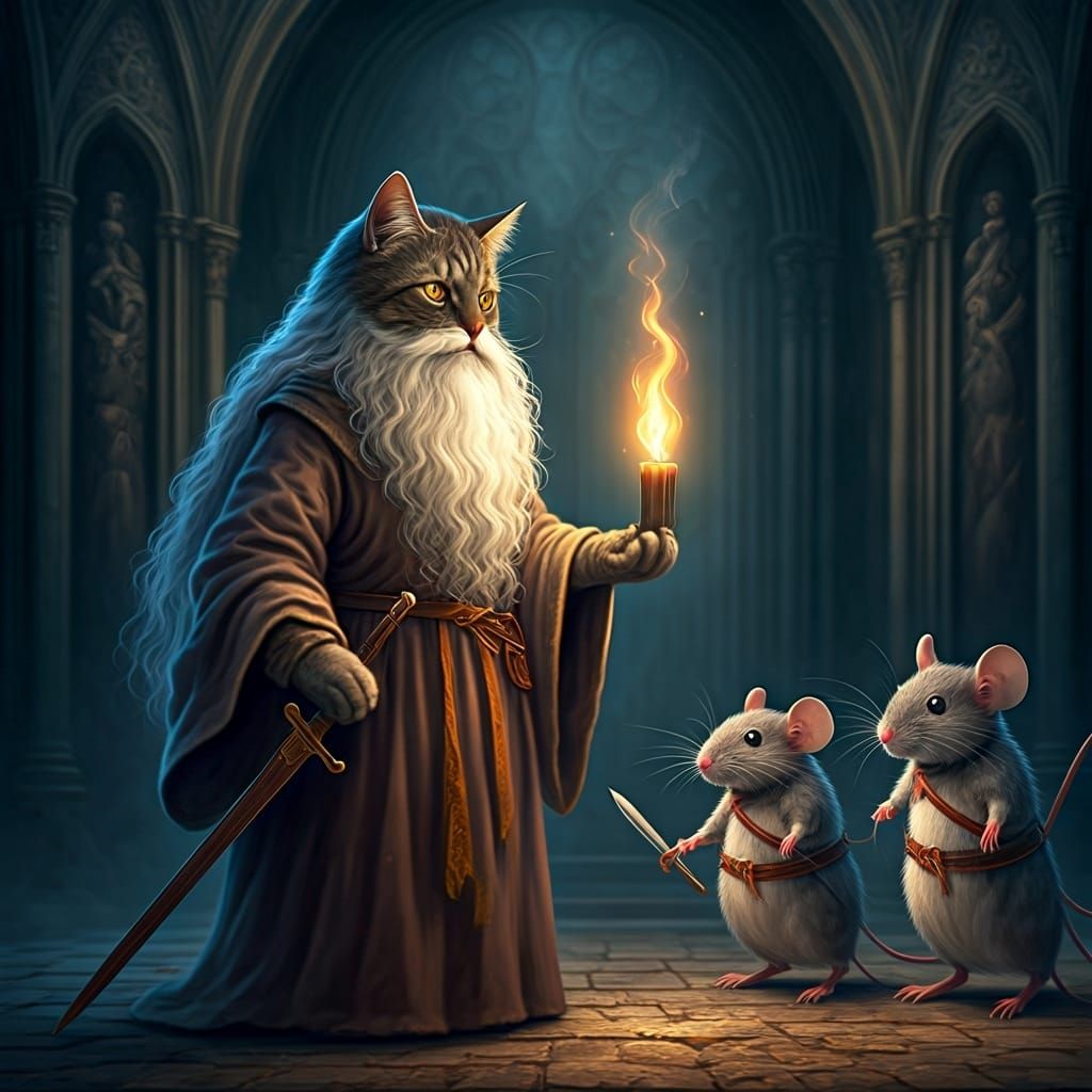 Cat as Merlin Blesses Arthurian Mice