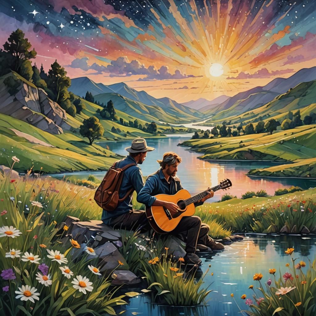 Beautiful Oil Landscape with Guitar Players at Sunset
