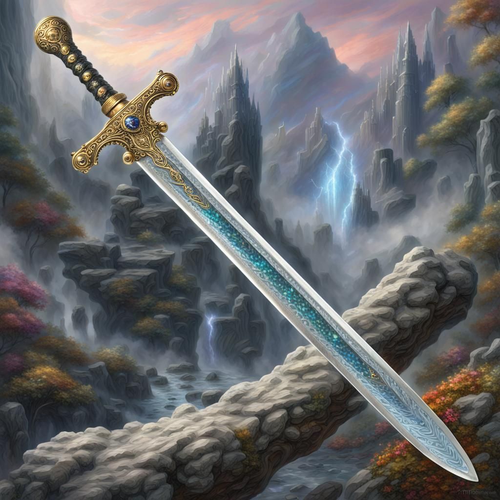 Ornate Jeweled Sword Embedded in Stone: Fantasy Art