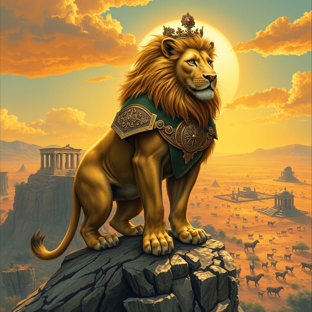 Armored Lion King Overlooking Savannah, Blending Art Styles