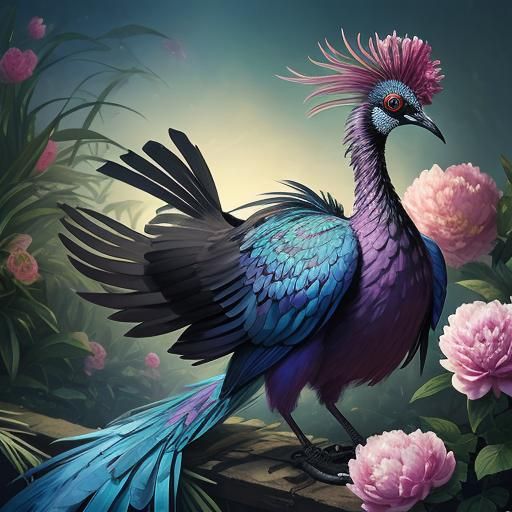 Victoria Crowned Pigeon in a Floral Garden